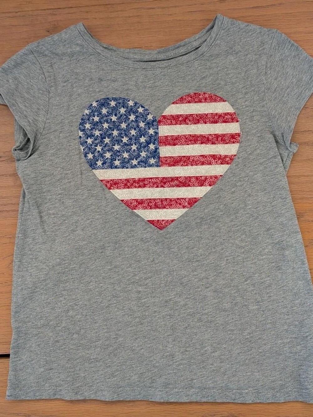 GAP Kids XL Grey Tee with Sparkly Sequin American Flag Heart Graphic